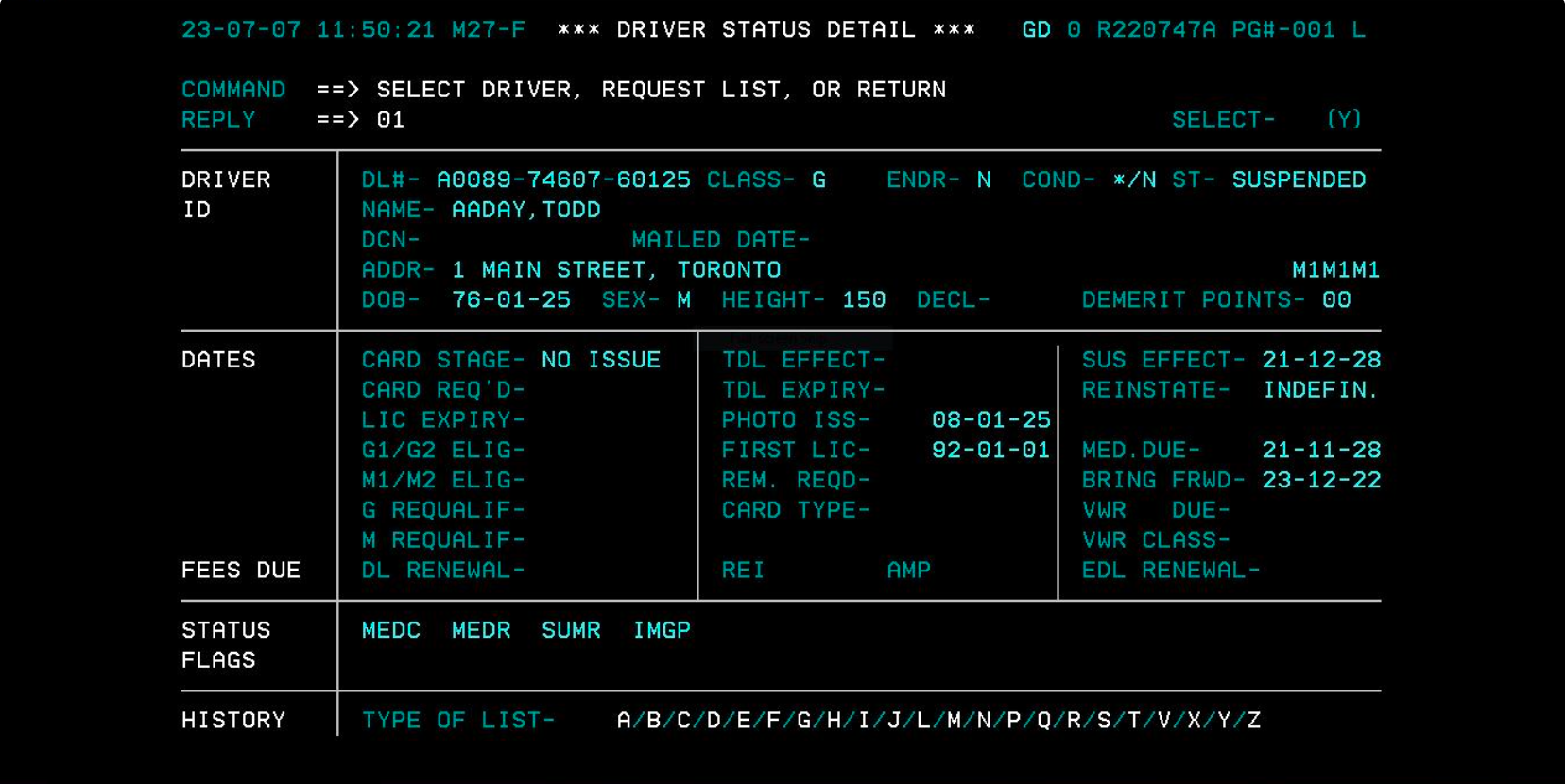 Legacy driver status detail screen, dense, text-based record with no guidance