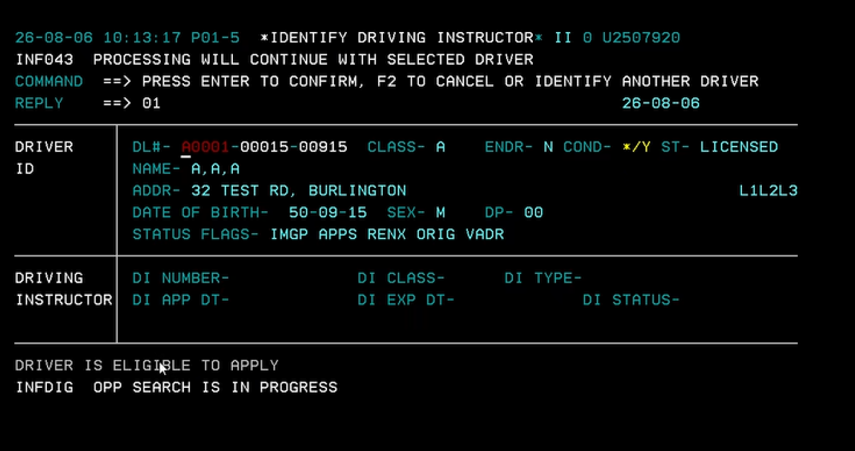 Legacy driver and vehicle services terminal screen