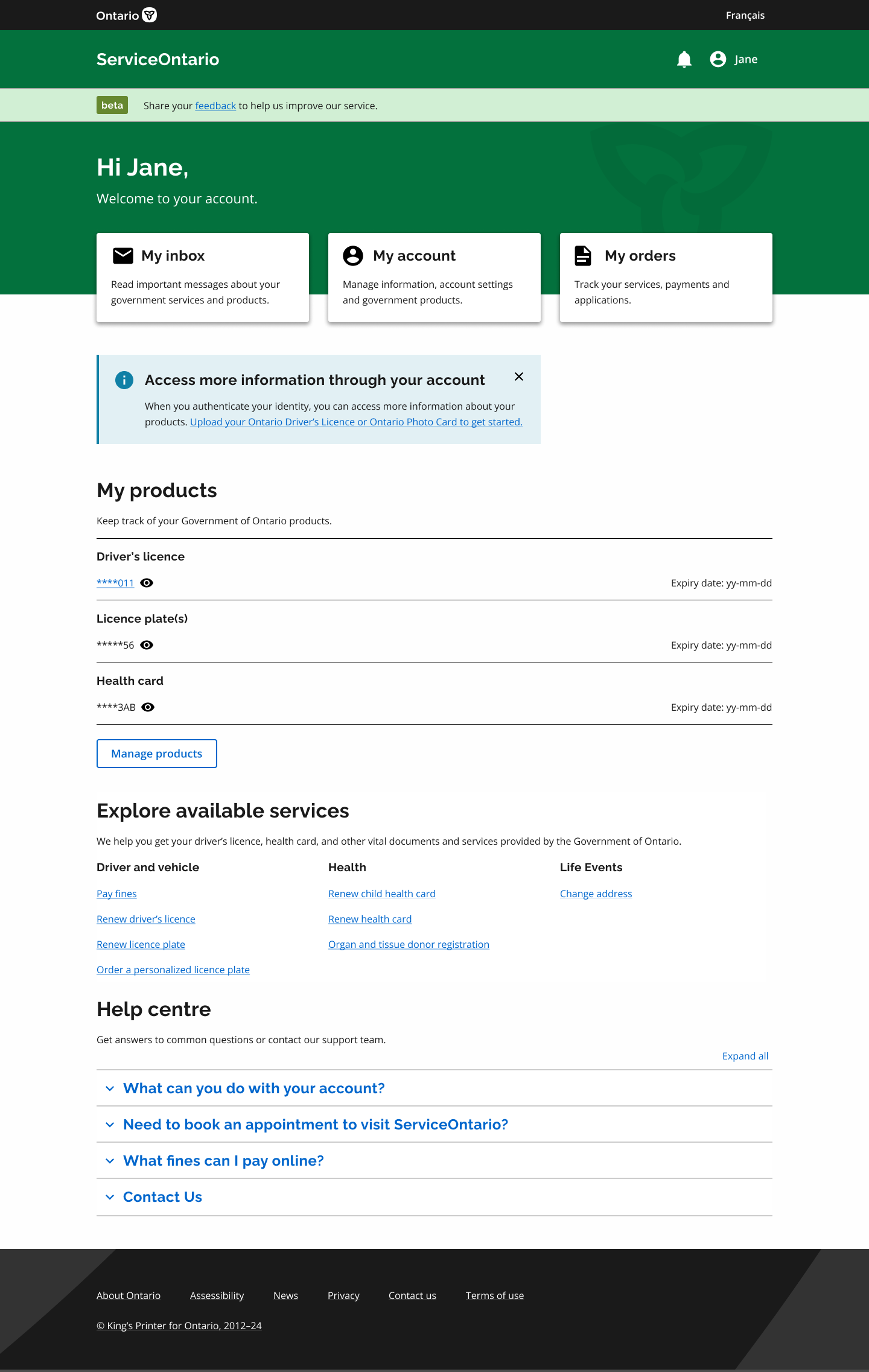 Redesigned ServiceOntario — account dashboard